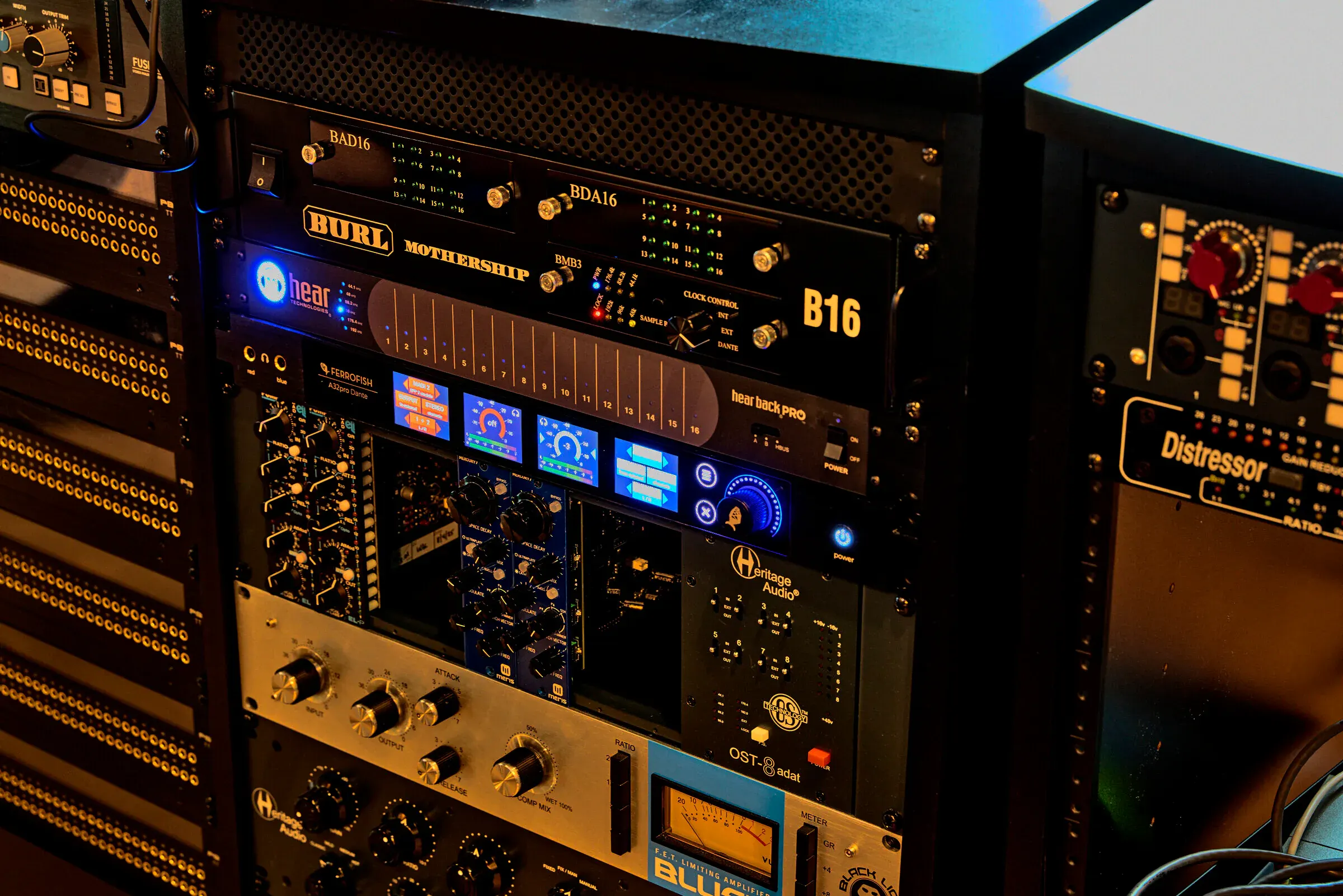 Studio rack at Verdant Sound — Burl B16 Mothership, Heritage Audio, Empirical Labs Distressor