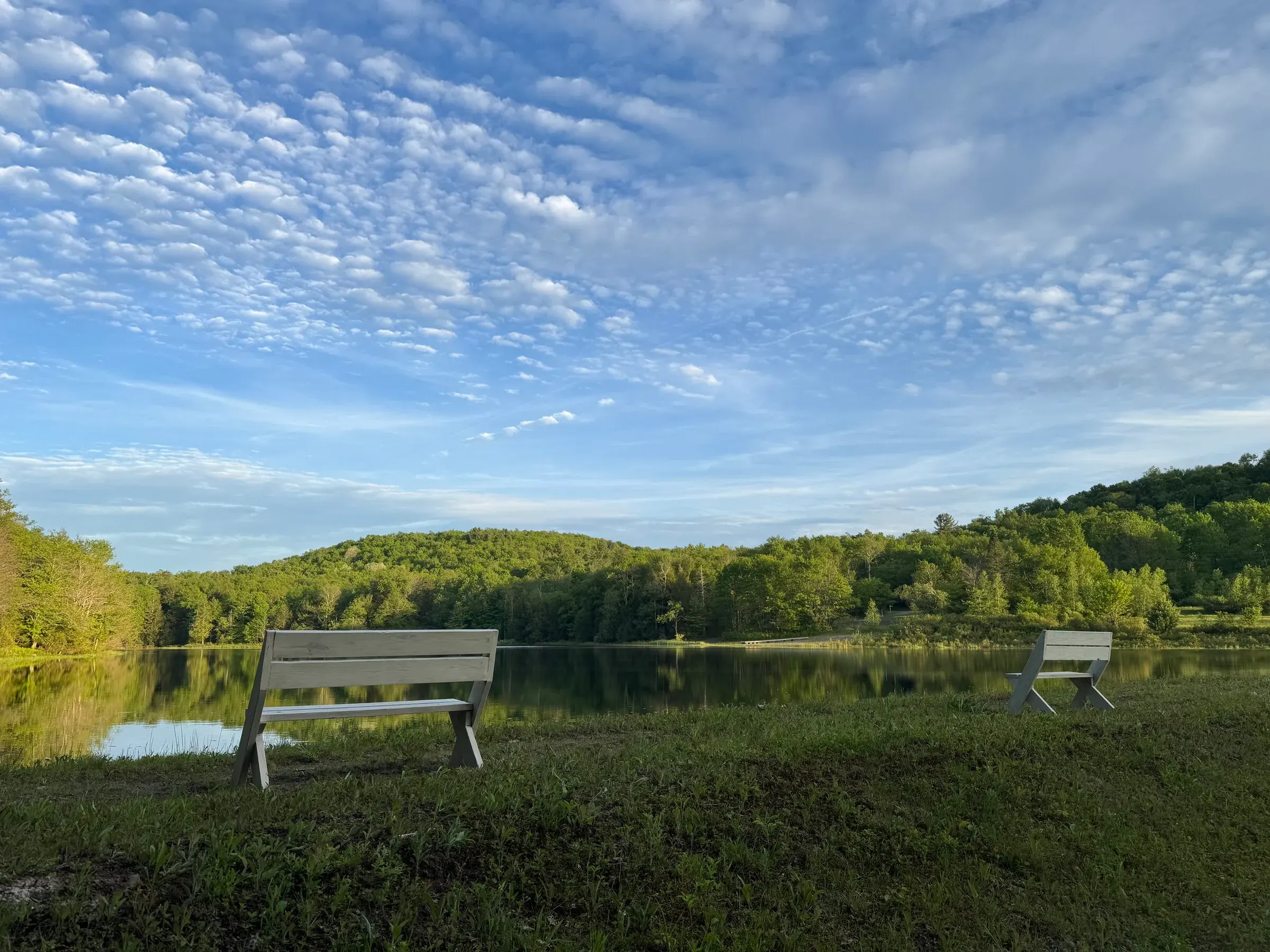 Two benches by the private lake at Verdant Sound — clouds reflected on calm water, Catskills hills beyond